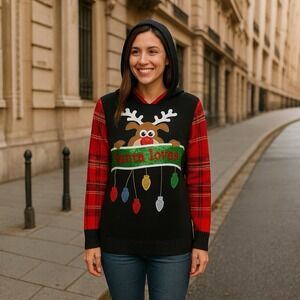 Absolutely Famous Women's L Reindeer Christmas‎ Hooded Sweater Plaid Sleeves